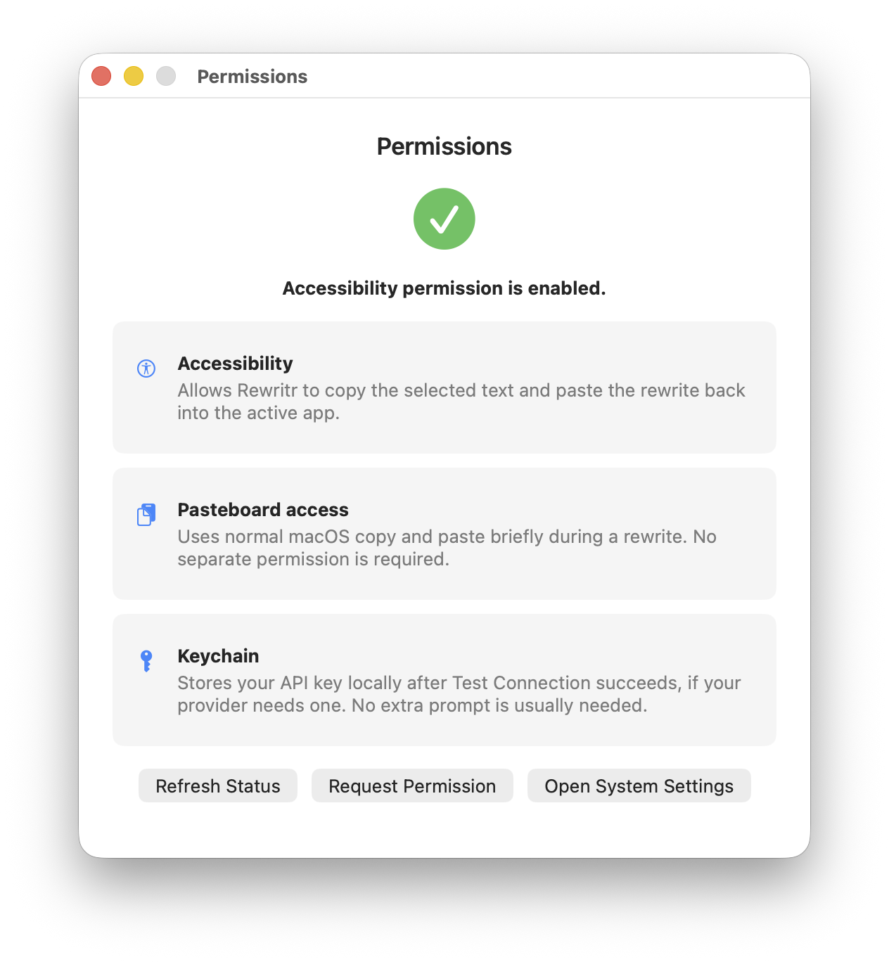 Rewritr permission setup screen with Accessibility permission status
