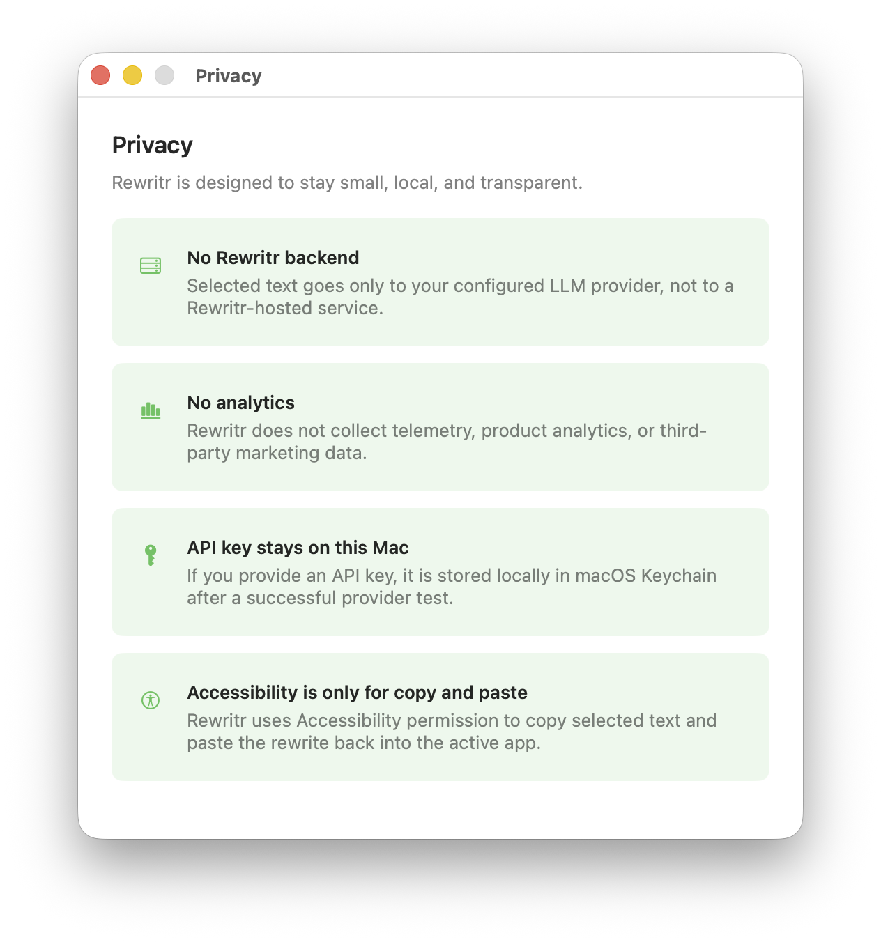Rewritr privacy page showing local storage and provider transparency