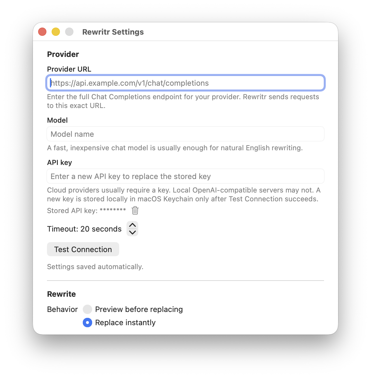 Rewritr settings with provider configuration and rewrite behavior